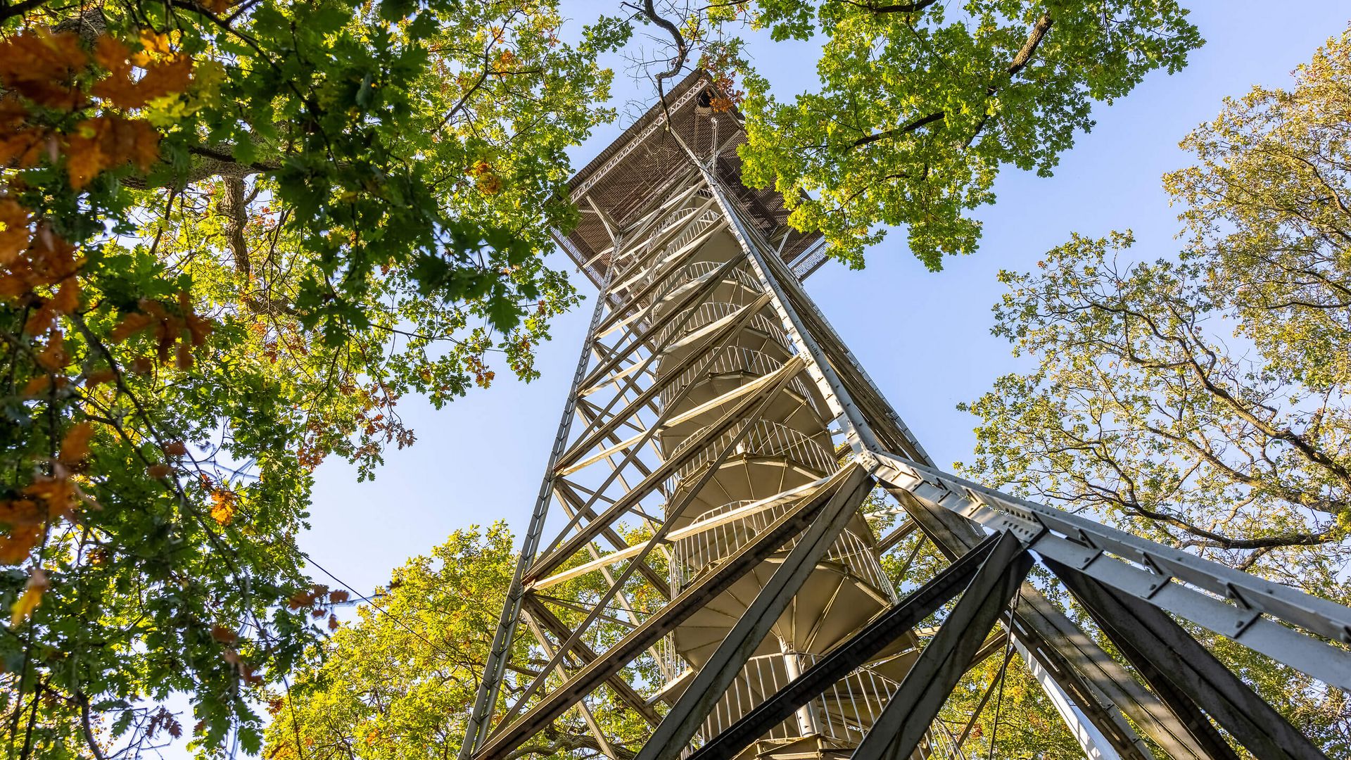 Stählerner Meisterturm ragt zwischen grünen Baumwipfeln empor